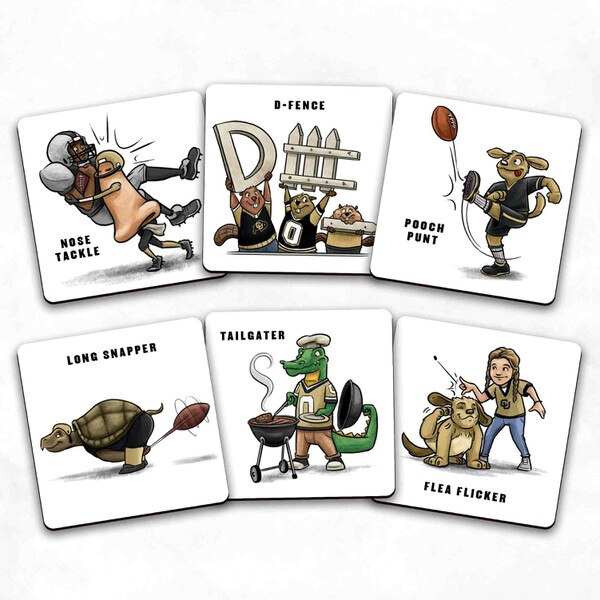 Six Colorado Buffaloes match game cards featuring cartoon football terms like "Nose Tackle," "Tailgater," and "Flea Flicker" with playful illustrations.